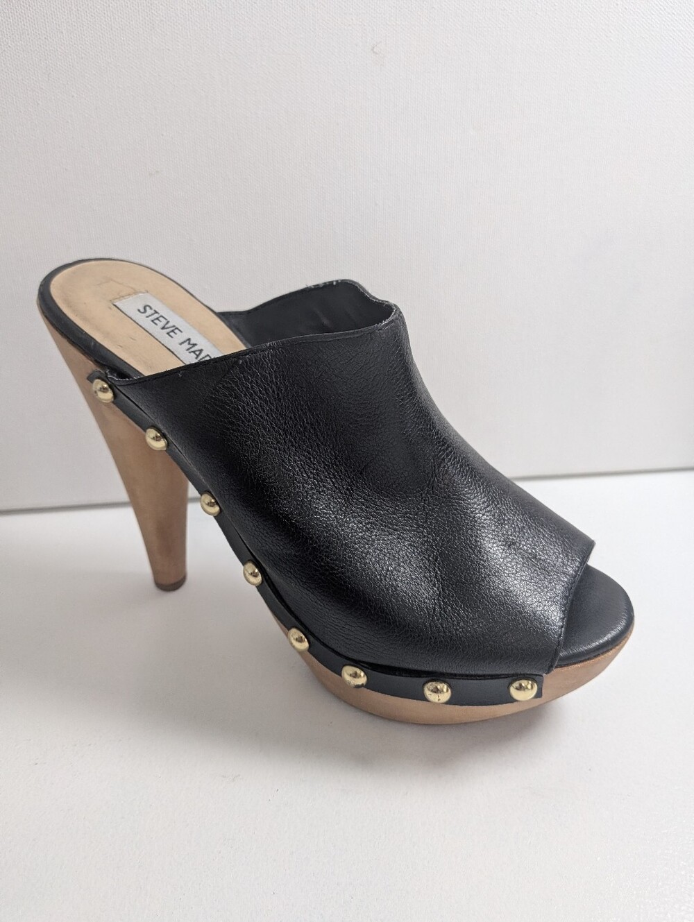 Steven Madden Women’s Black Leather Daynty Wooden High Heel Platform Clogs 7.5